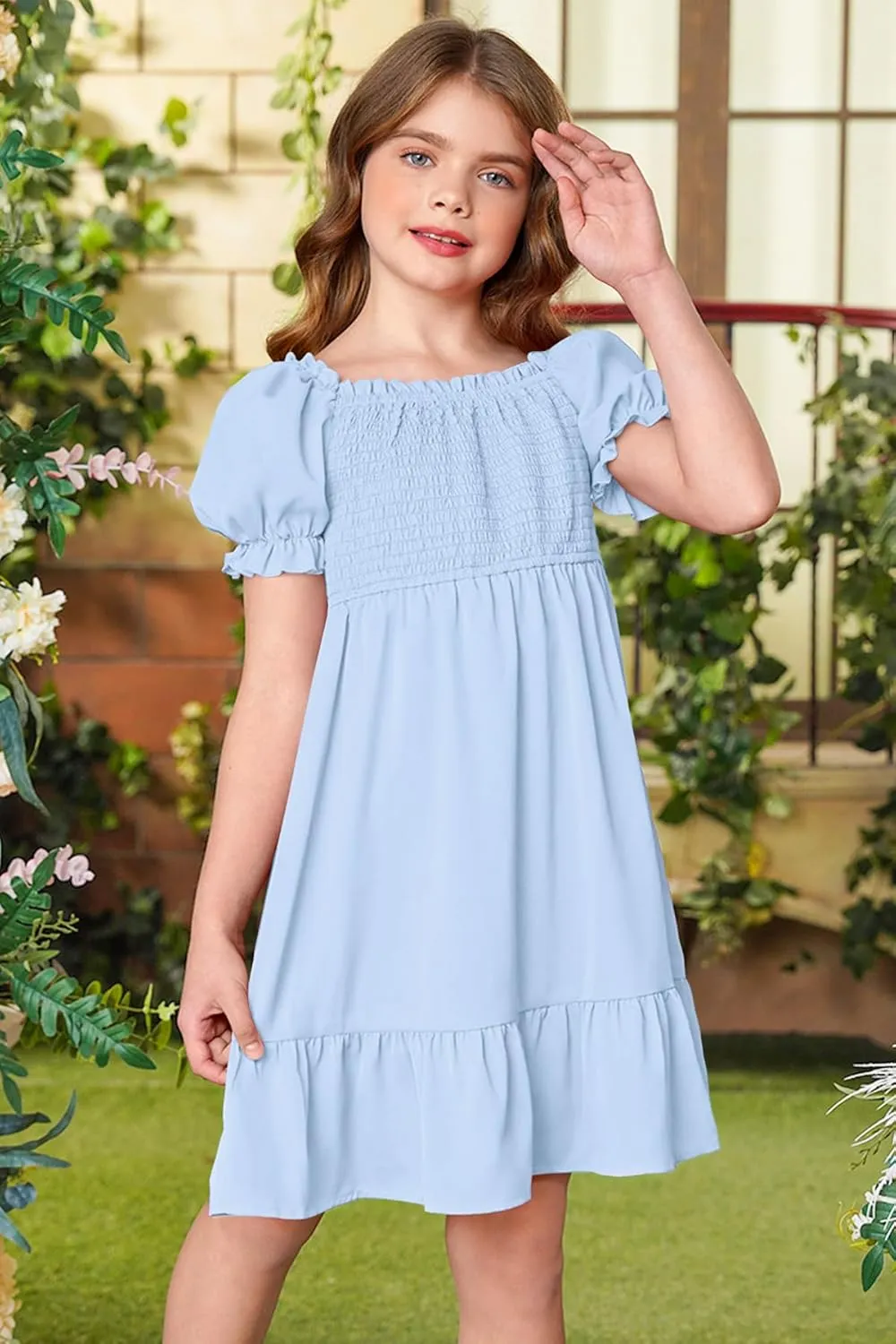 BesserBay Girls Summer Puff Sleeve Square Neck Smocked Ruffle Trim Flowy Midi Dress 4-14 Years
