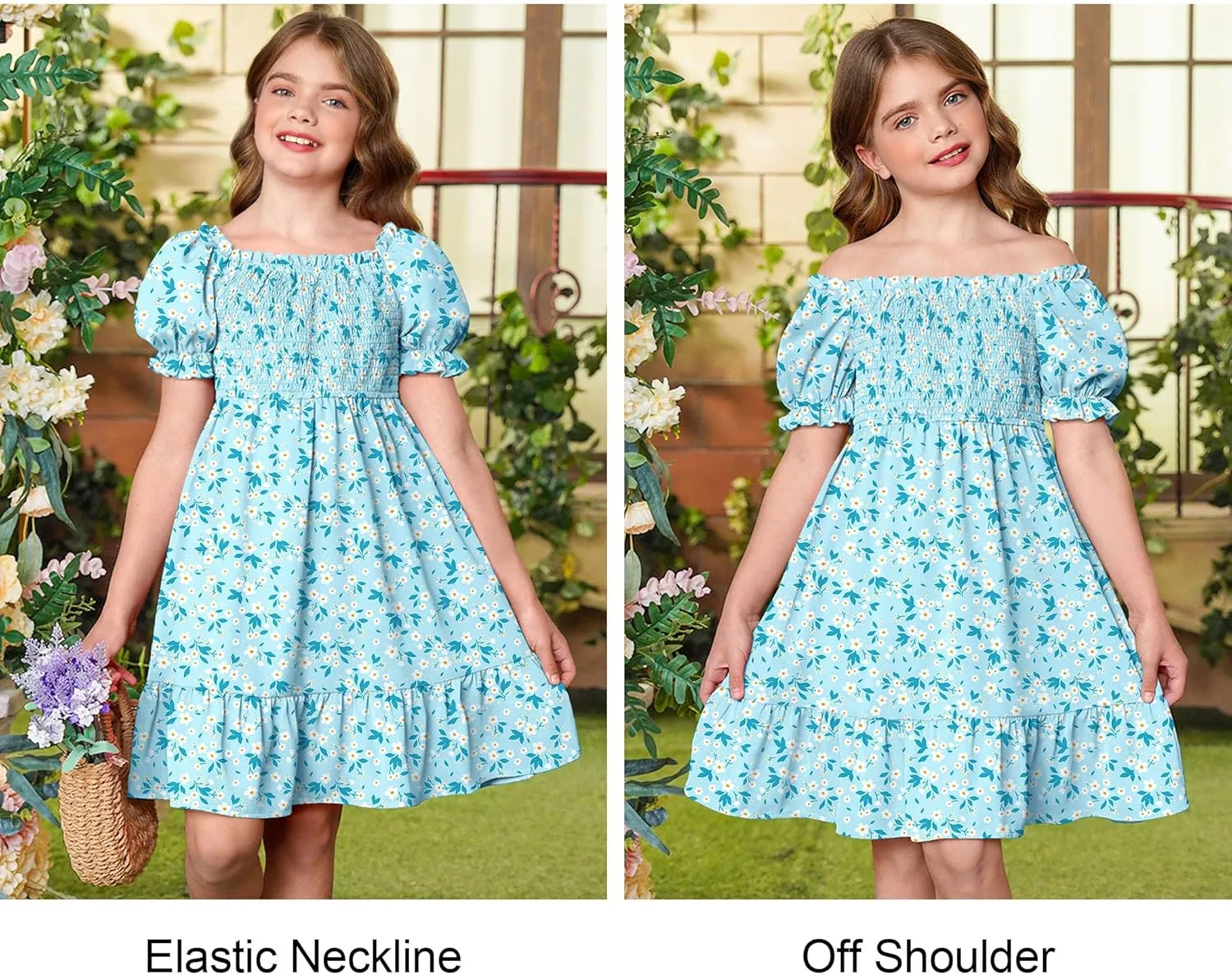 BesserBay Girls Summer Puff Sleeve Square Neck Smocked Ruffle Trim Flowy Midi Dress 4-14 Years