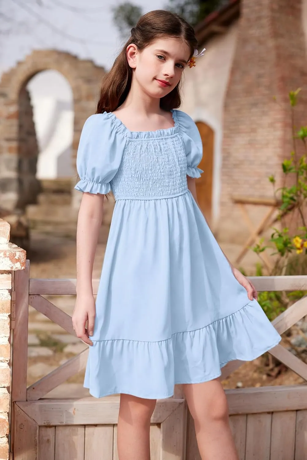 BesserBay Girls Summer Puff Sleeve Square Neck Smocked Ruffle Trim Flowy Midi Dress 4-14 Years