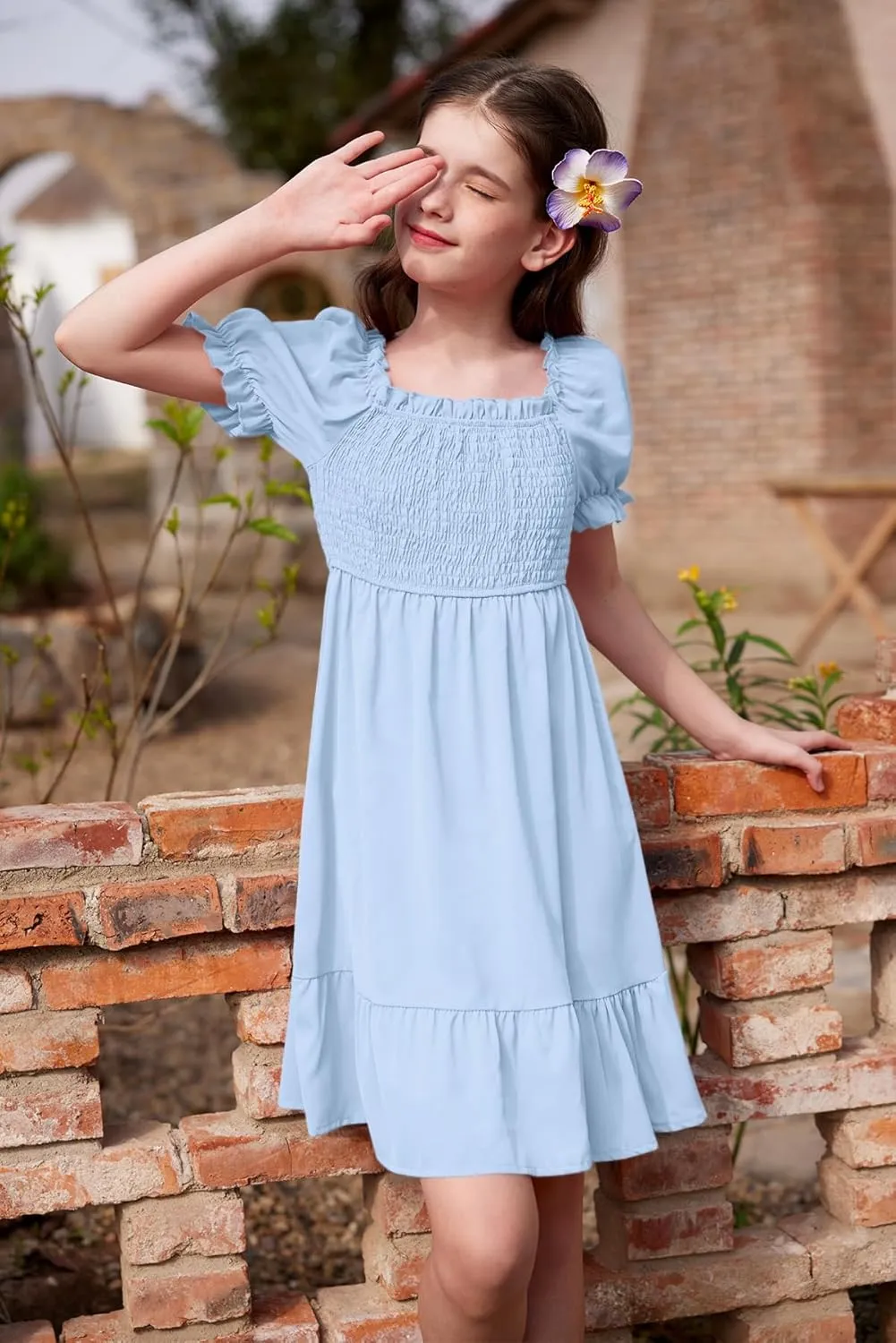 BesserBay Girls Summer Puff Sleeve Square Neck Smocked Ruffle Trim Flowy Midi Dress 4-14 Years