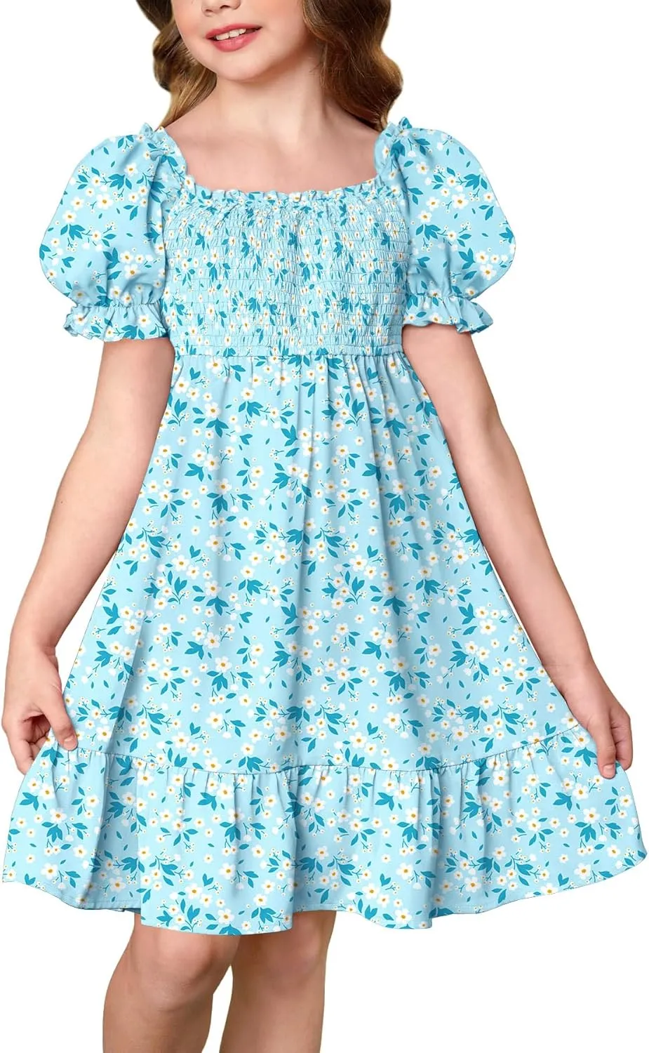 BesserBay Girls Summer Puff Sleeve Square Neck Smocked Ruffle Trim Flowy Midi Dress 4-14 Years