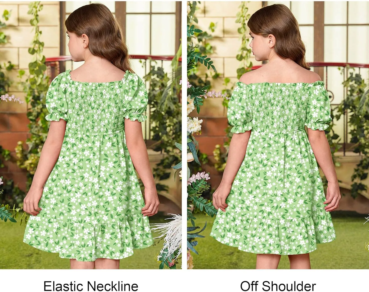 BesserBay Girls Summer Puff Sleeve Square Neck Smocked Ruffle Trim Flowy Midi Dress 4-14 Years