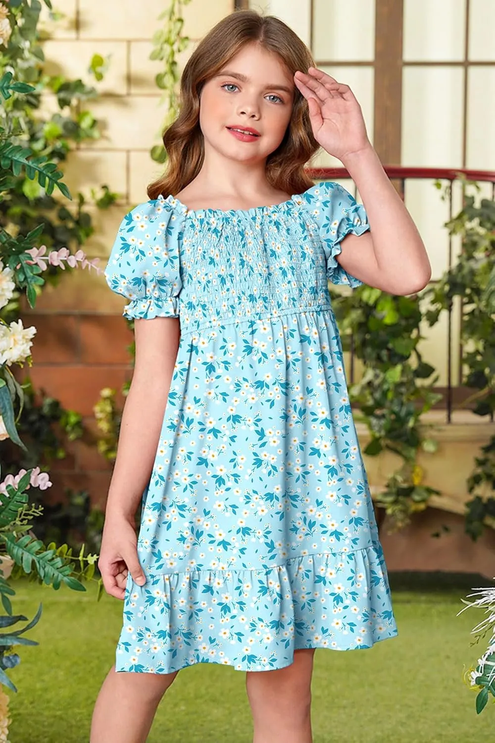 BesserBay Girls Summer Puff Sleeve Square Neck Smocked Ruffle Trim Flowy Midi Dress 4-14 Years