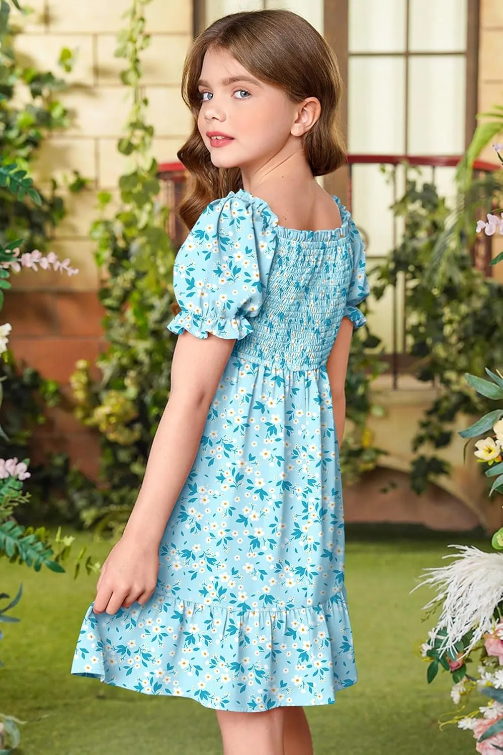 BesserBay Girls Summer Puff Sleeve Square Neck Smocked Ruffle Trim Flowy Midi Dress 4-14 Years