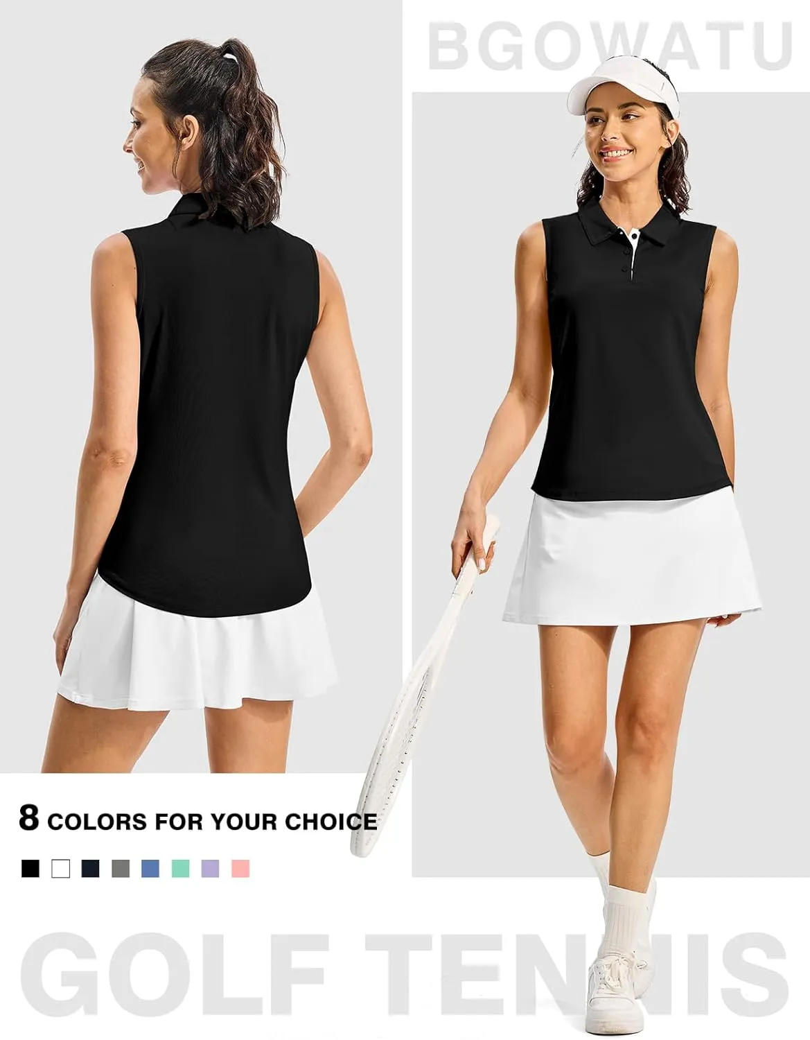 BGOWATU Women's Golf Shirts Sleeveless Polo Shirts Collared 3 Buttons Tennis Tank Tops UV Protection Quick Dry