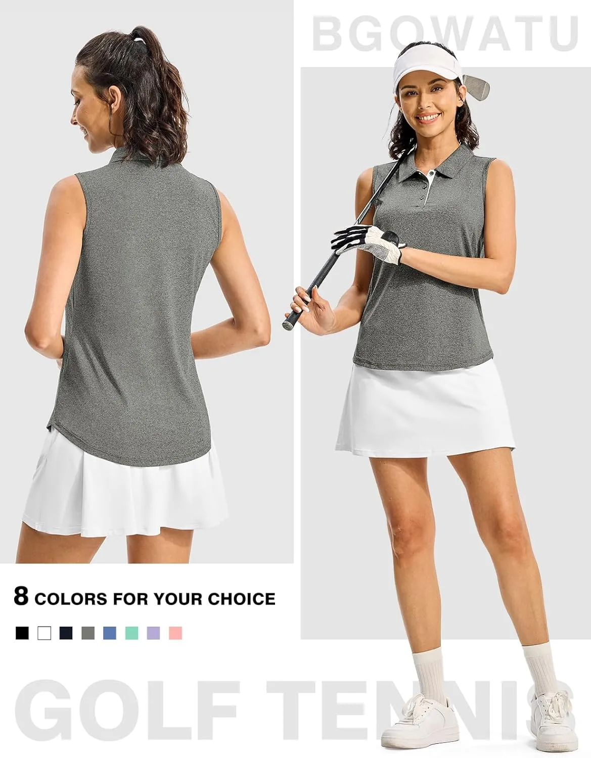 BGOWATU Women's Golf Shirts Sleeveless Polo Shirts Collared 3 Buttons Tennis Tank Tops UV Protection Quick Dry