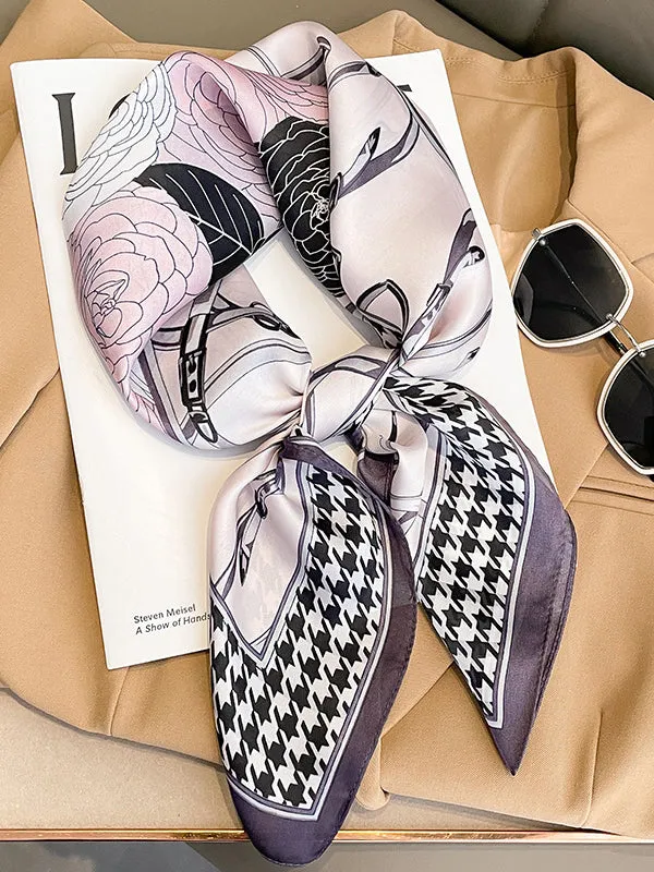Bjlxn - Square Floral Printed Houndstooth Scarfs&Hats