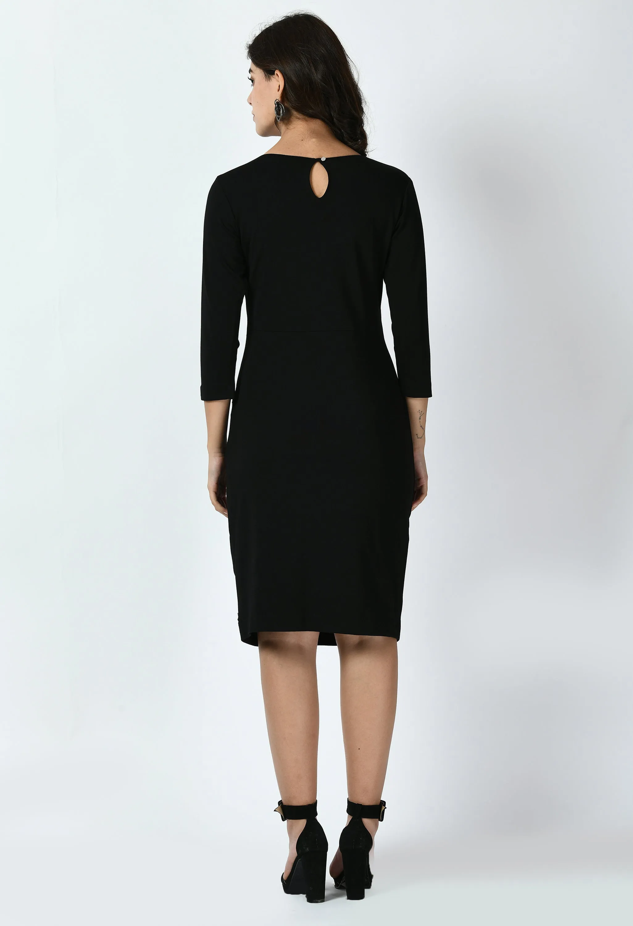 Black Cotton Blend Apex Side Pleat Sheath Dress