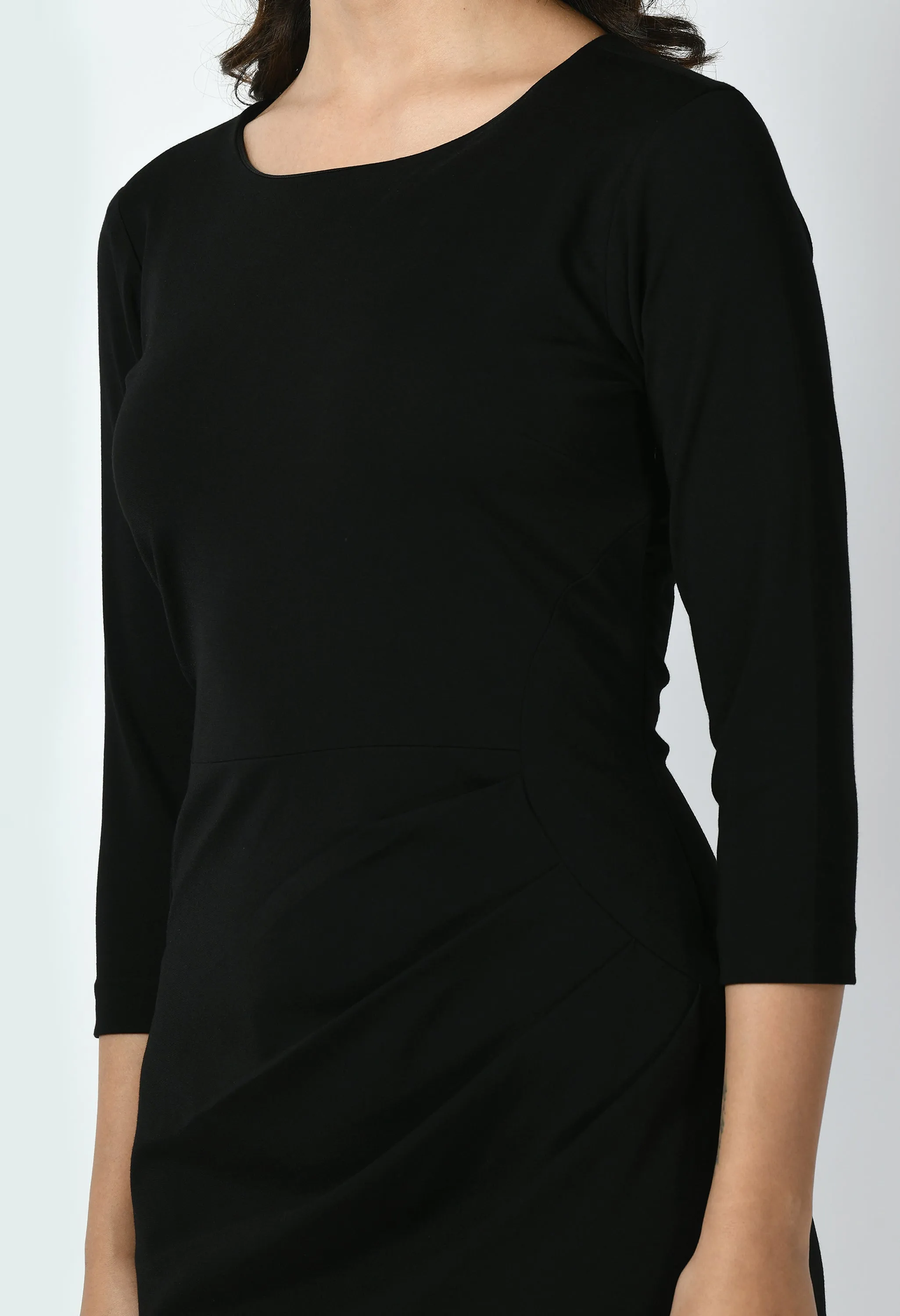 Black Cotton Blend Apex Side Pleat Sheath Dress