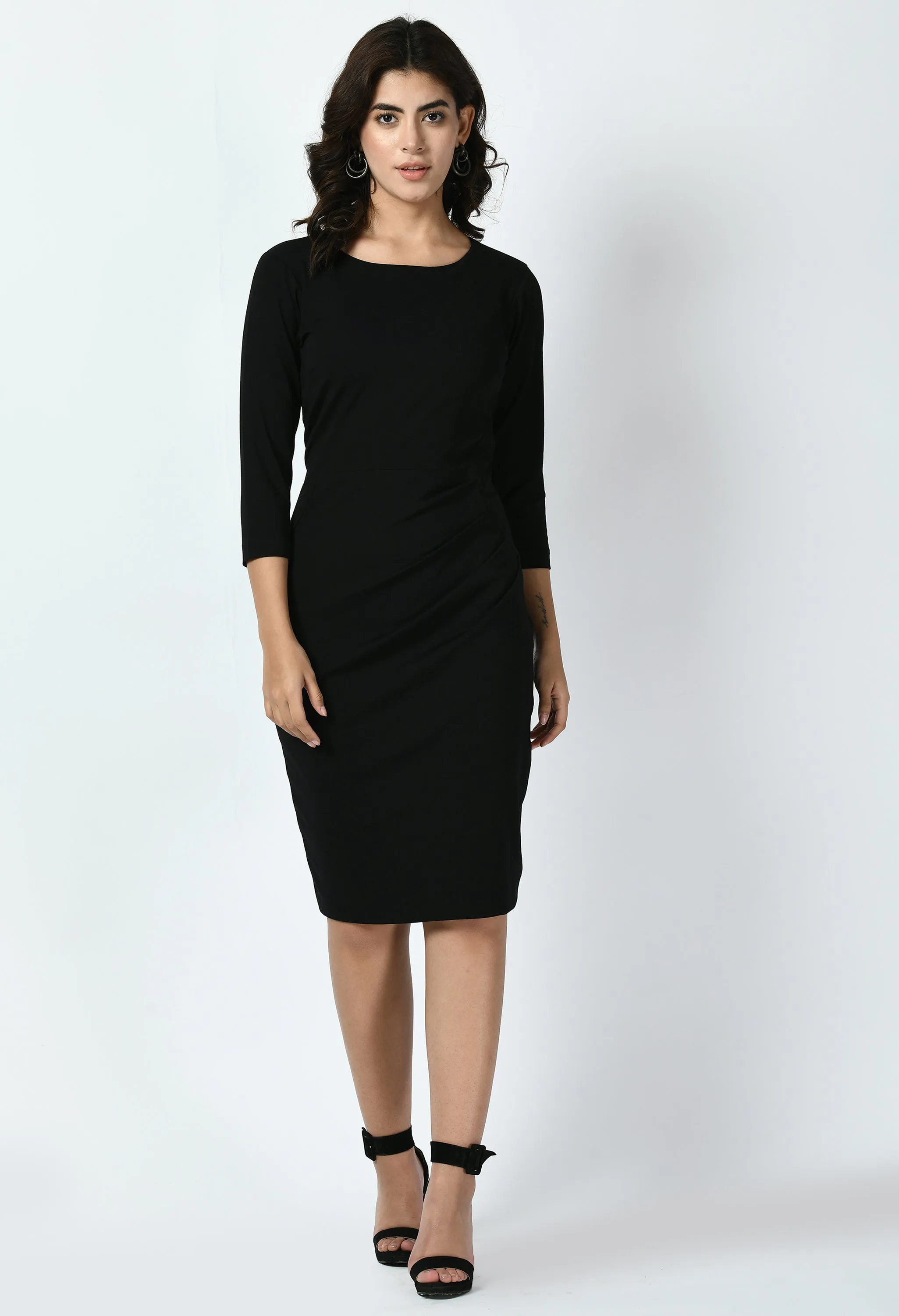 Black Cotton Blend Apex Side Pleat Sheath Dress