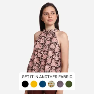 Black Floral Block Print Cotton Halter Neck Top
