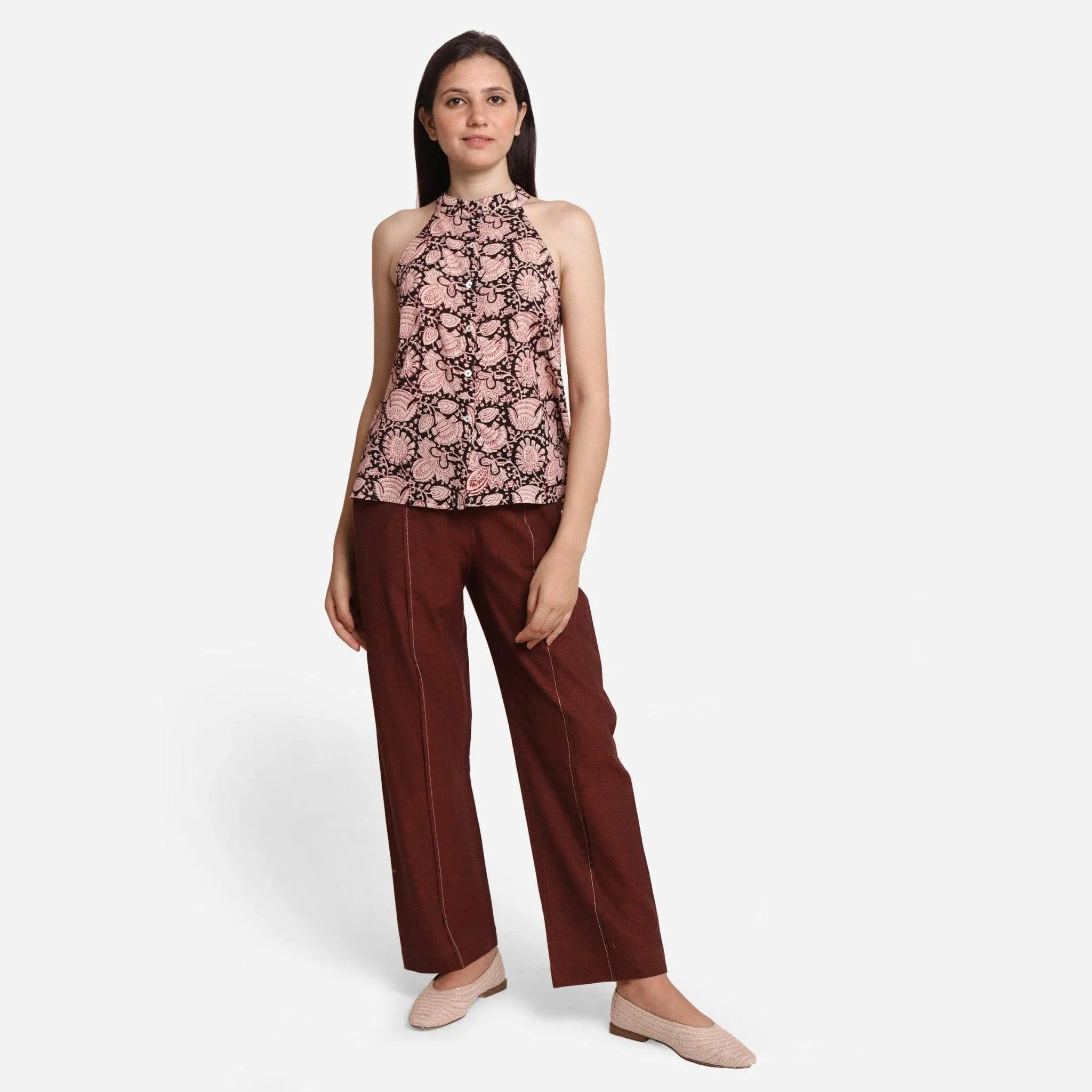 Black Floral Block Print Cotton Halter Neck Top