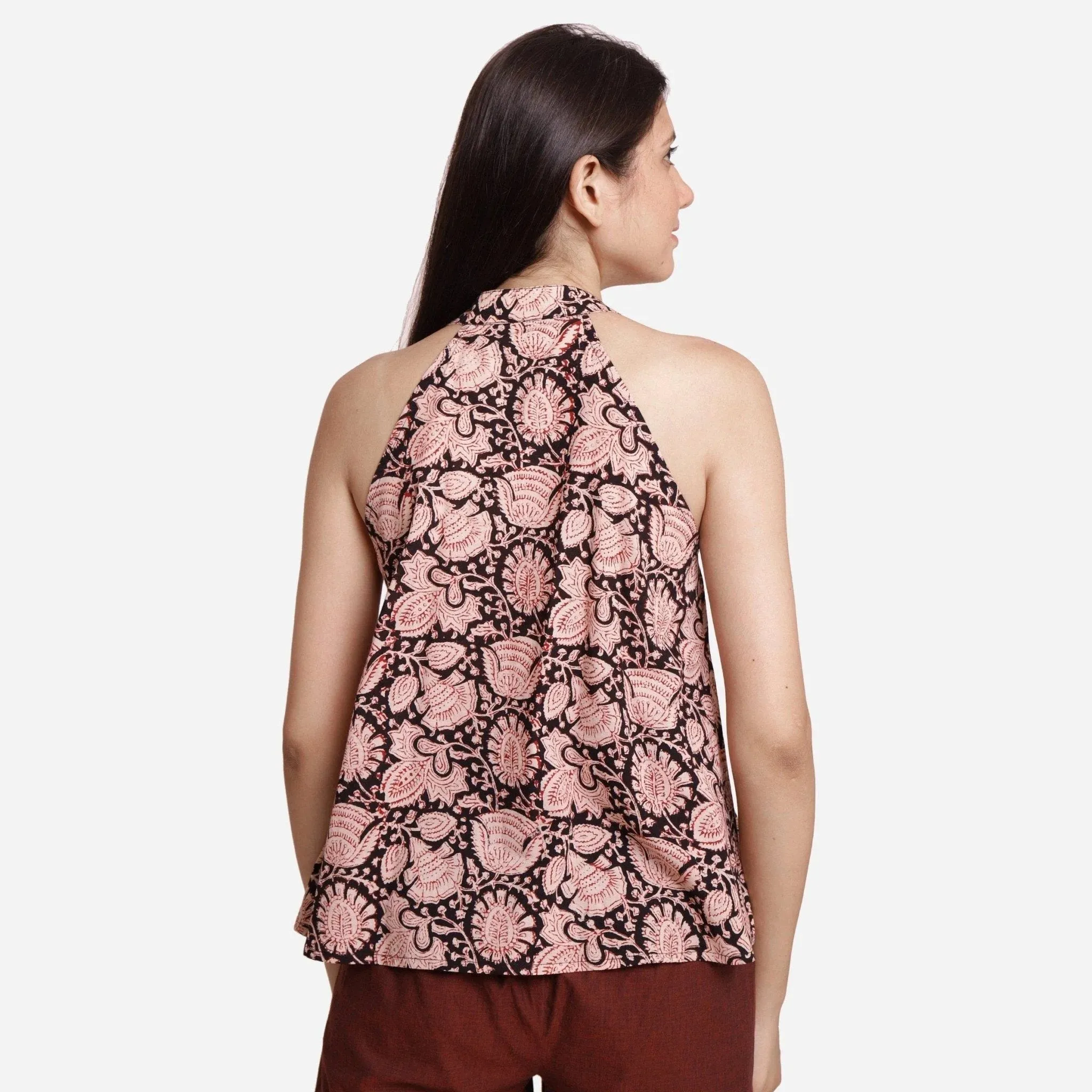 Black Floral Block Print Cotton Halter Neck Top