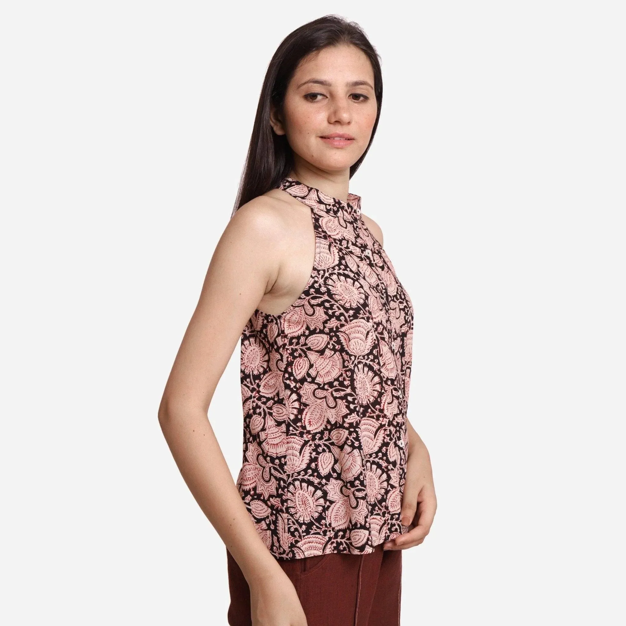 Black Floral Block Print Cotton Halter Neck Top