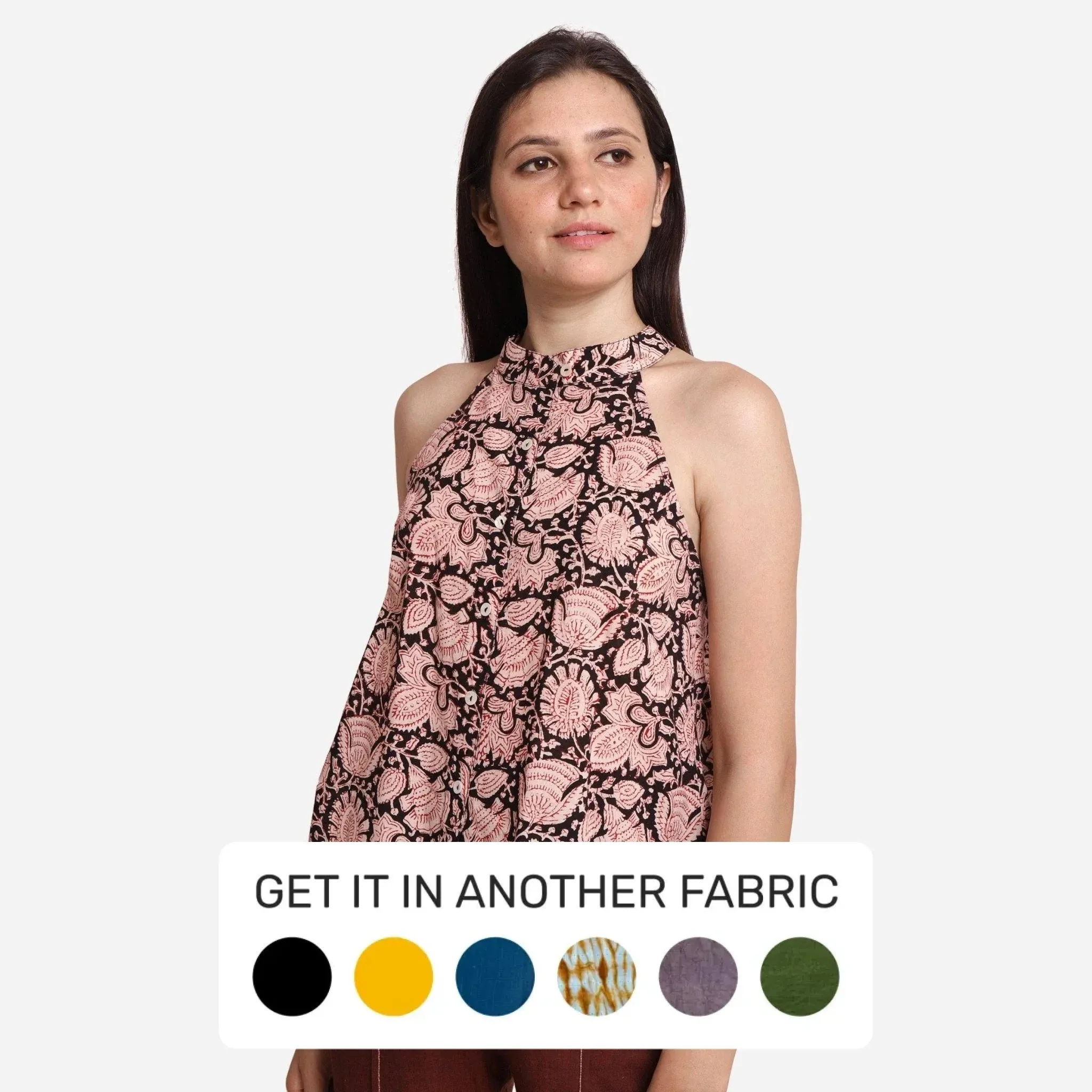 Black Floral Block Print Cotton Halter Neck Top