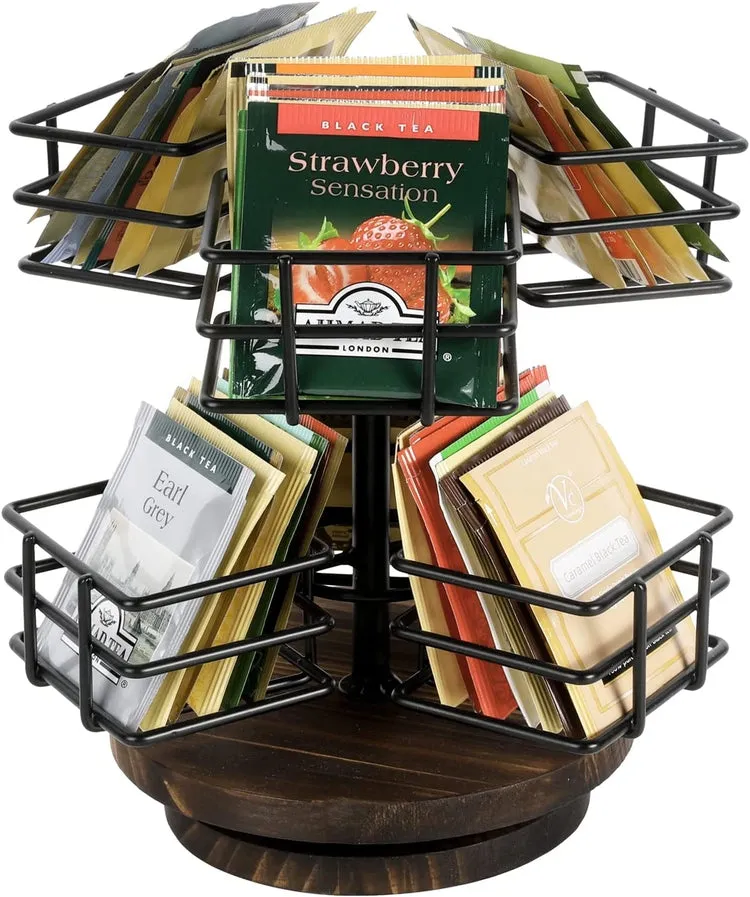 Black Metal Wire Tea Bag Spinning Carousel Basket, 6-Compartment Tea and Coffee Condiment Rack