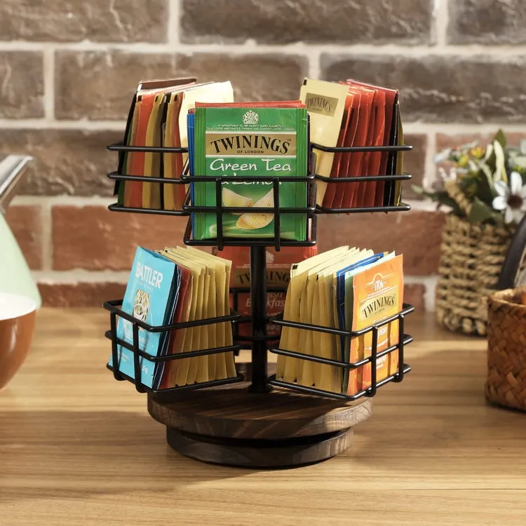 Black Metal Wire Tea Bag Spinning Carousel Basket, 6-Compartment Tea and Coffee Condiment Rack