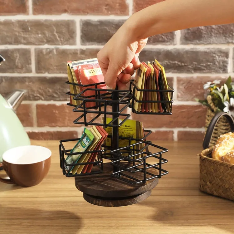 Black Metal Wire Tea Bag Spinning Carousel Basket, 6-Compartment Tea and Coffee Condiment Rack