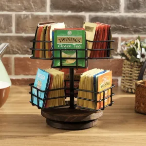 Black Metal Wire Tea Bag Spinning Carousel Basket, 6-Compartment Tea and Coffee Condiment Rack