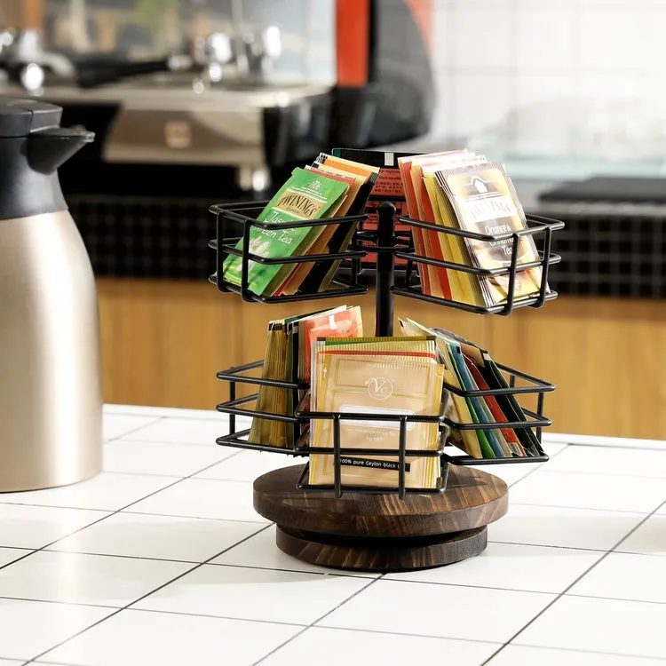Black Metal Wire Tea Bag Spinning Carousel Basket, 6-Compartment Tea and Coffee Condiment Rack