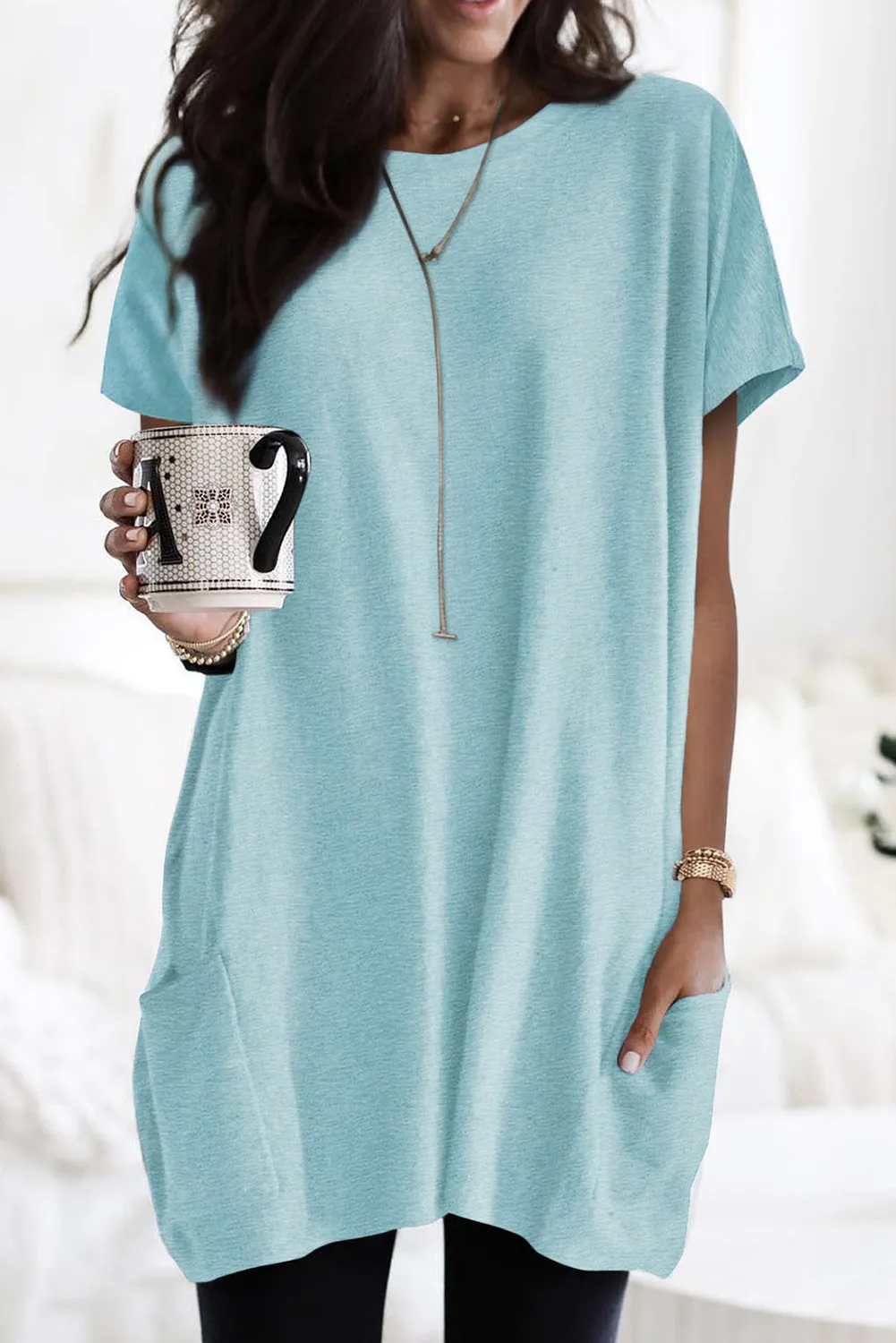 Black Side Pockets Short Sleeve Tunic Top