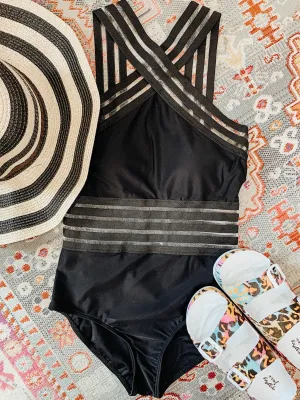 Black Solid Halter Tank Swimwear