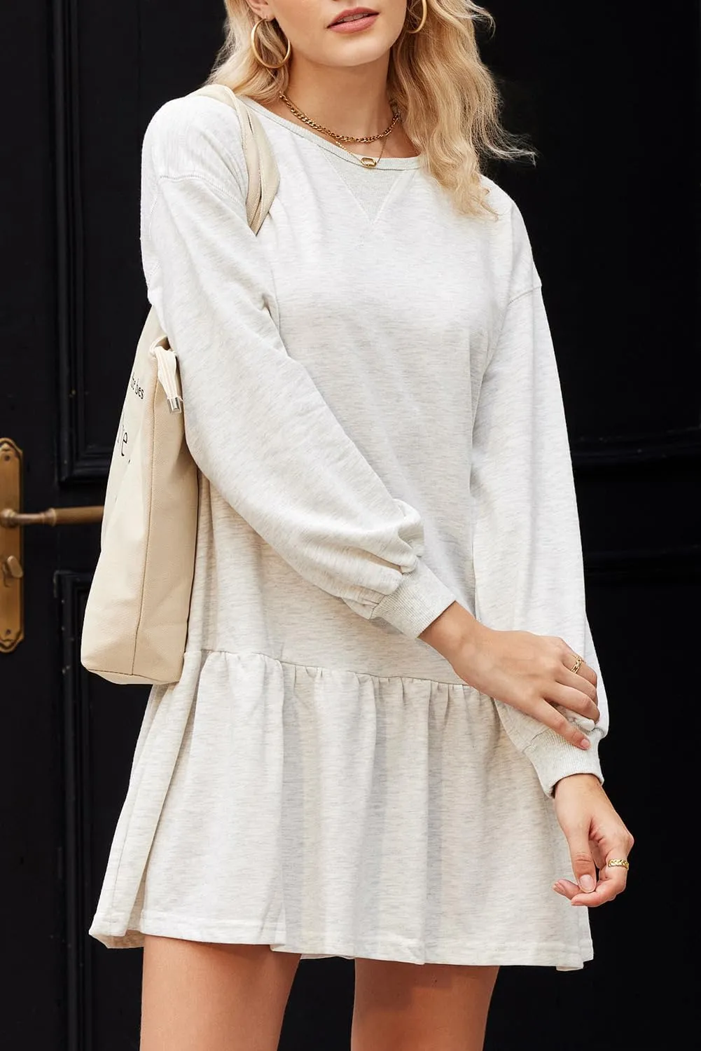 BLENCOT Womens 2025 Fall Long Sleeve Pullover Tops Crewneck Rib Knit Patchwork Sweatshirt Dress Casual Mini Dresses