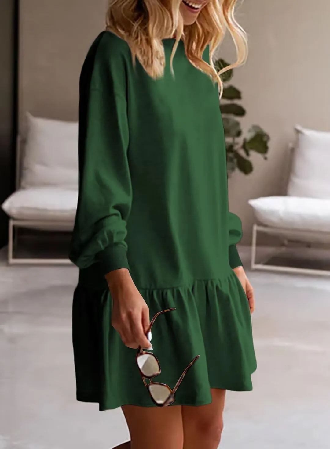 BLENCOT Womens 2025 Fall Long Sleeve Pullover Tops Crewneck Rib Knit Patchwork Sweatshirt Dress Casual Mini Dresses