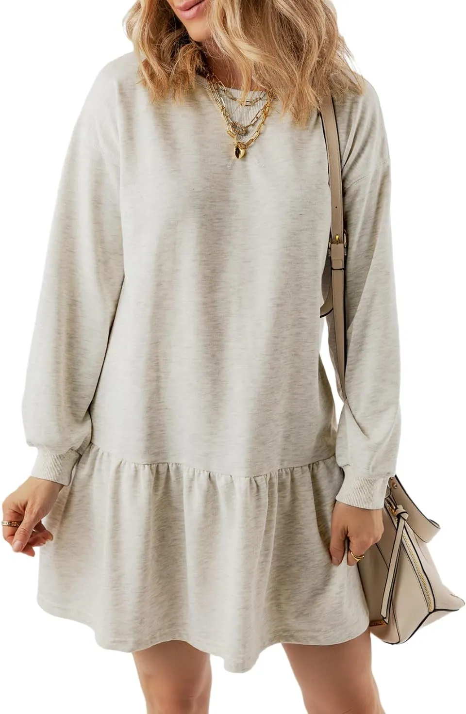 BLENCOT Womens 2025 Fall Long Sleeve Pullover Tops Crewneck Rib Knit Patchwork Sweatshirt Dress Casual Mini Dresses