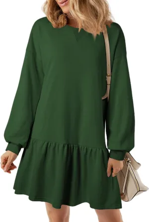 BLENCOT Womens 2025 Fall Long Sleeve Pullover Tops Crewneck Rib Knit Patchwork Sweatshirt Dress Casual Mini Dresses
