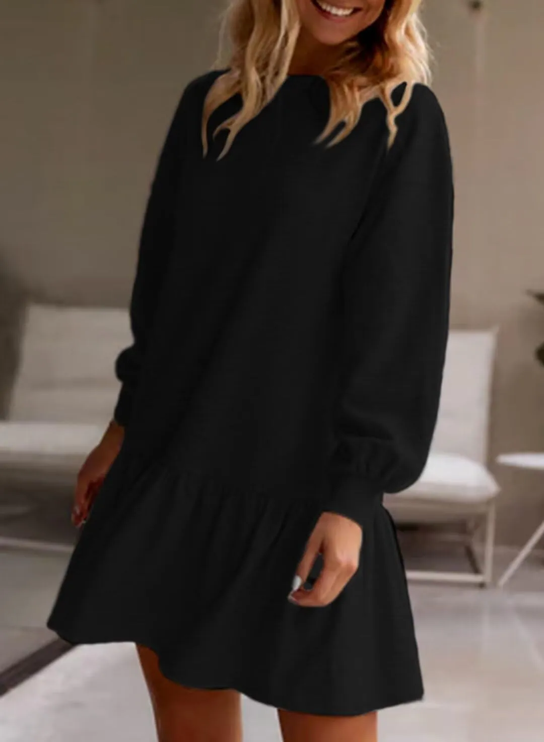 BLENCOT Womens 2025 Fall Long Sleeve Pullover Tops Crewneck Rib Knit Patchwork Sweatshirt Dress Casual Mini Dresses