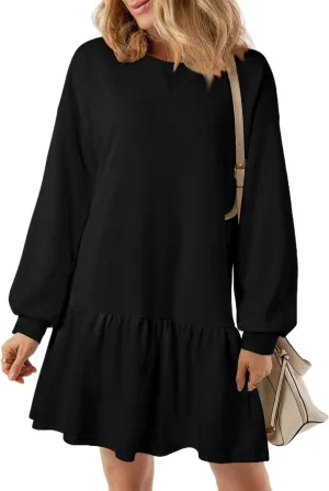 BLENCOT Womens 2025 Fall Long Sleeve Pullover Tops Crewneck Rib Knit Patchwork Sweatshirt Dress Casual Mini Dresses