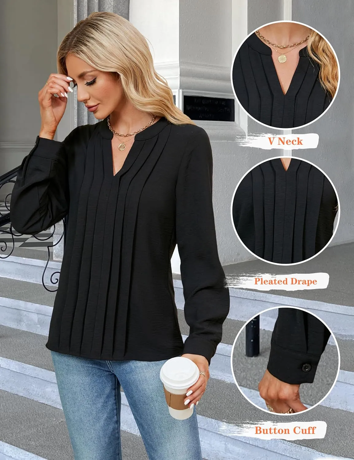 Blooming Jelly Women's Dressy Casual Blouses Business Work Tops Long Sleeve V Neck Pleated Shirts 2025 Fall Outfits