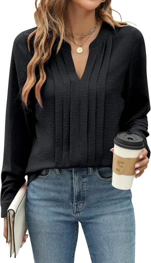 Blooming Jelly Women's Dressy Casual Blouses Business Work Tops Long Sleeve V Neck Pleated Shirts 2025 Fall Outfits