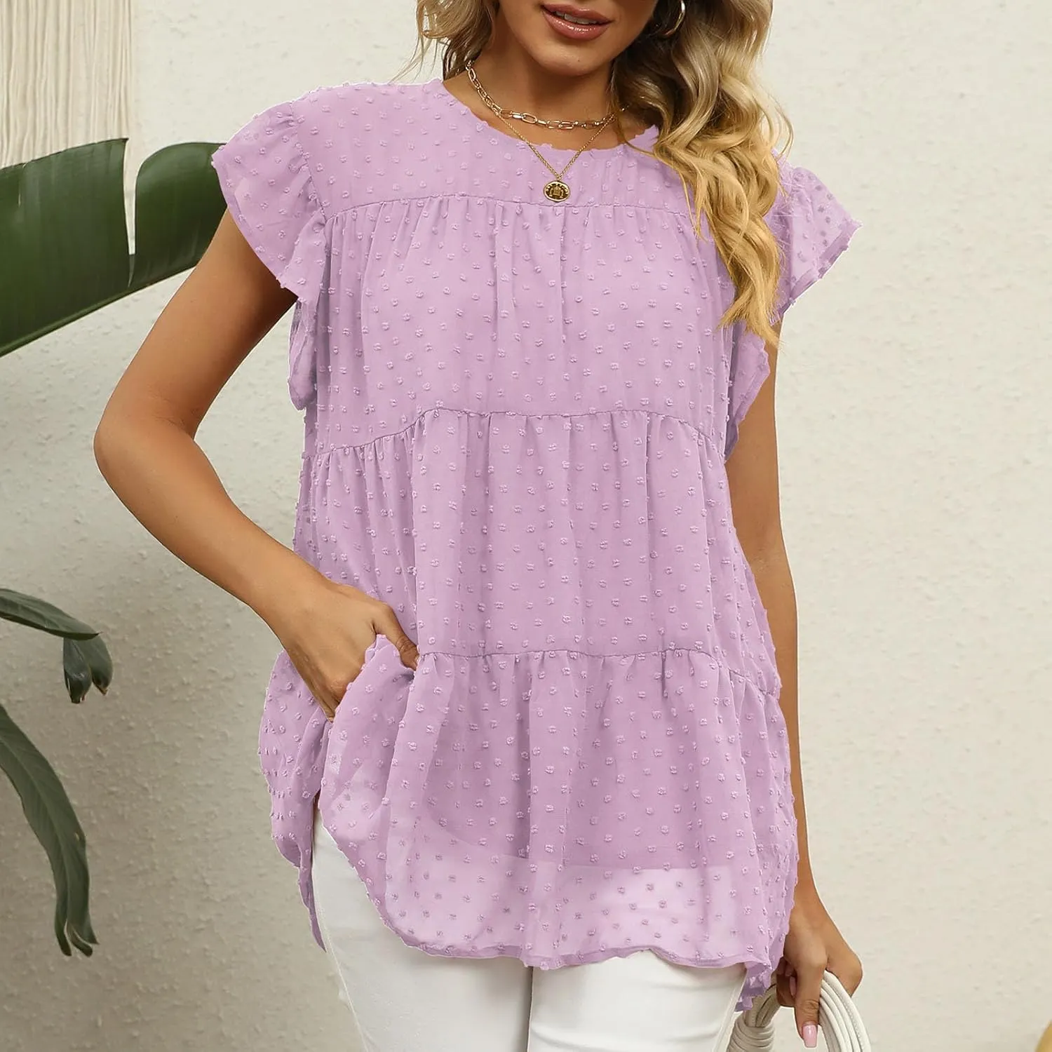 Blouses for Women Dressy Dasual Ruffle Short Sleeve T Shirts Crewneck Plain Basic Tees Trendy Sexy Summer Tops