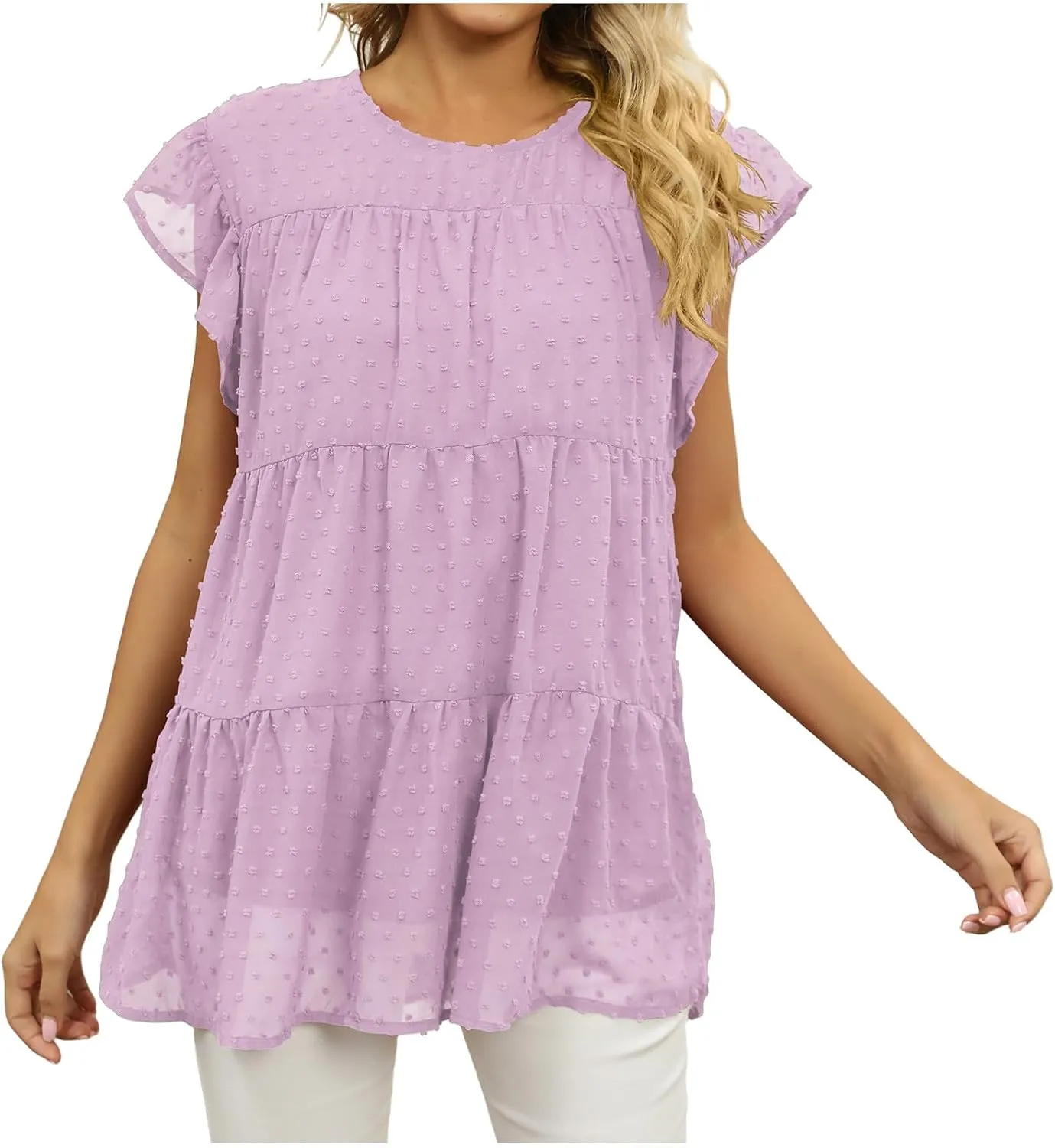 Blouses for Women Dressy Dasual Ruffle Short Sleeve T Shirts Crewneck Plain Basic Tees Trendy Sexy Summer Tops