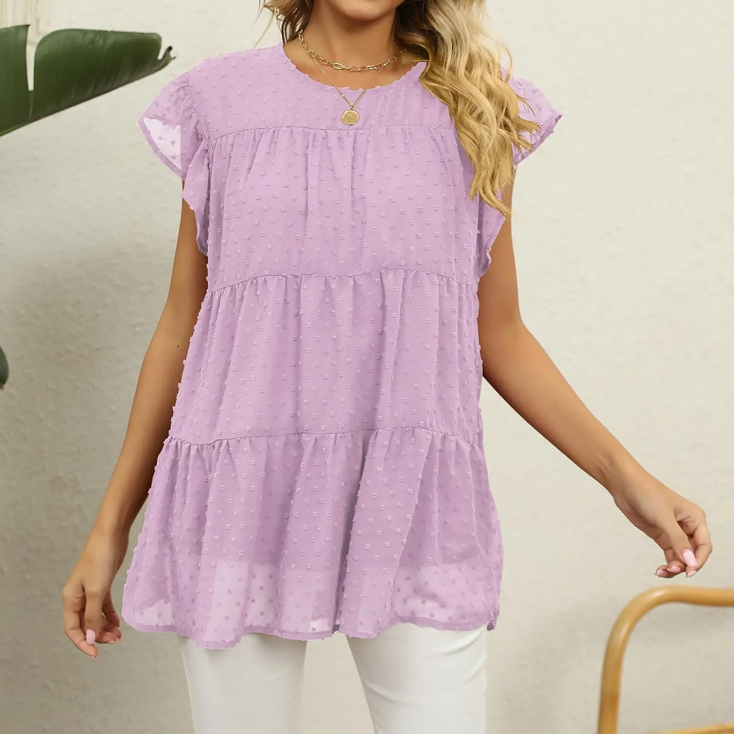 Blouses for Women Dressy Dasual Ruffle Short Sleeve T Shirts Crewneck Plain Basic Tees Trendy Sexy Summer Tops