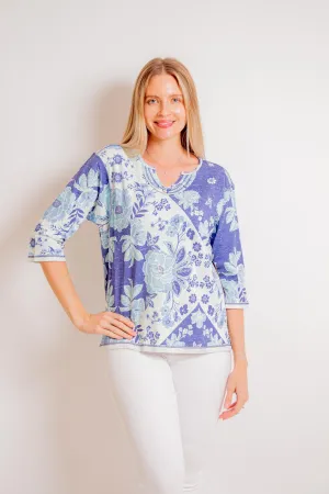 Blue Floral Print Notch Neck Top