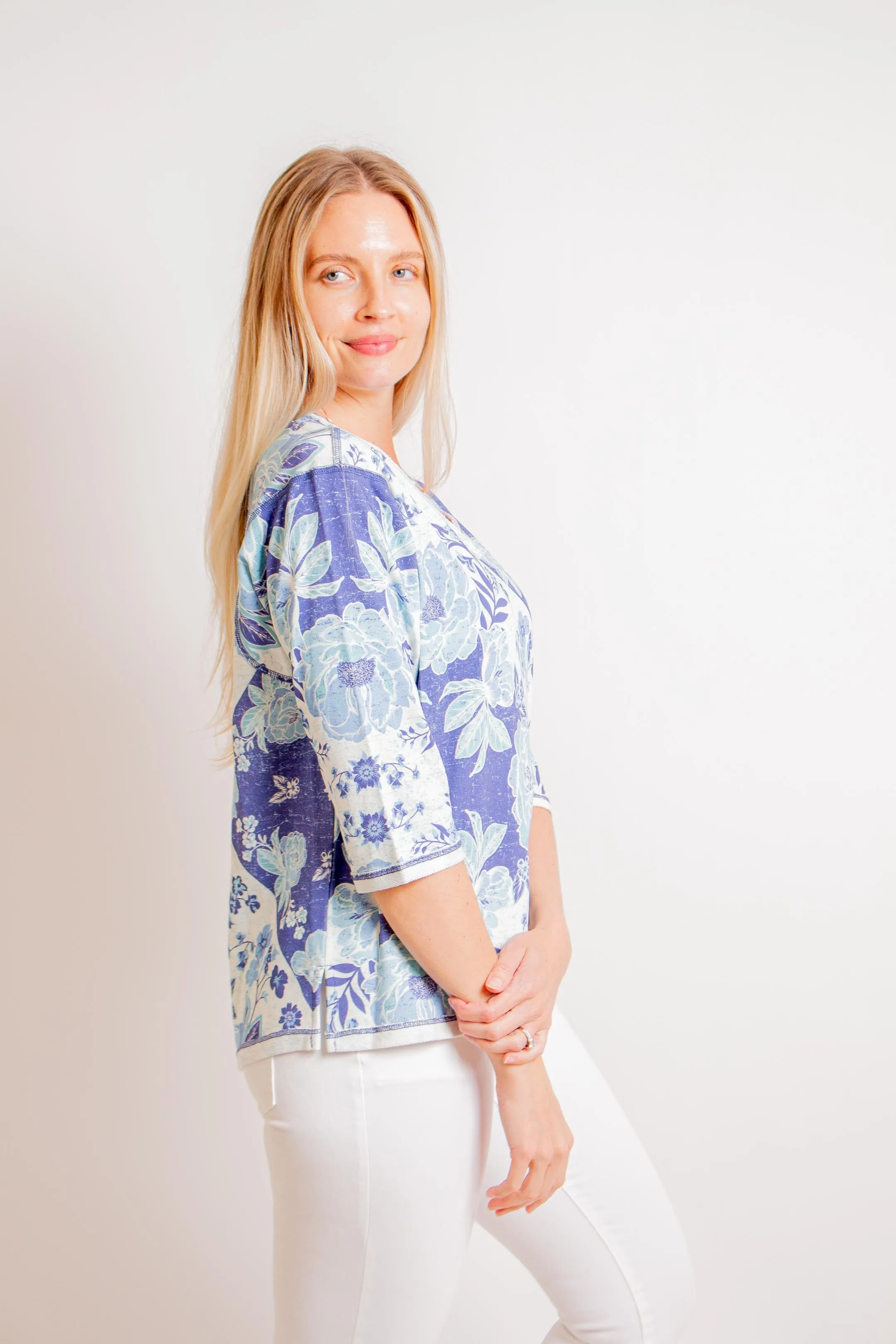 Blue Floral Print Notch Neck Top