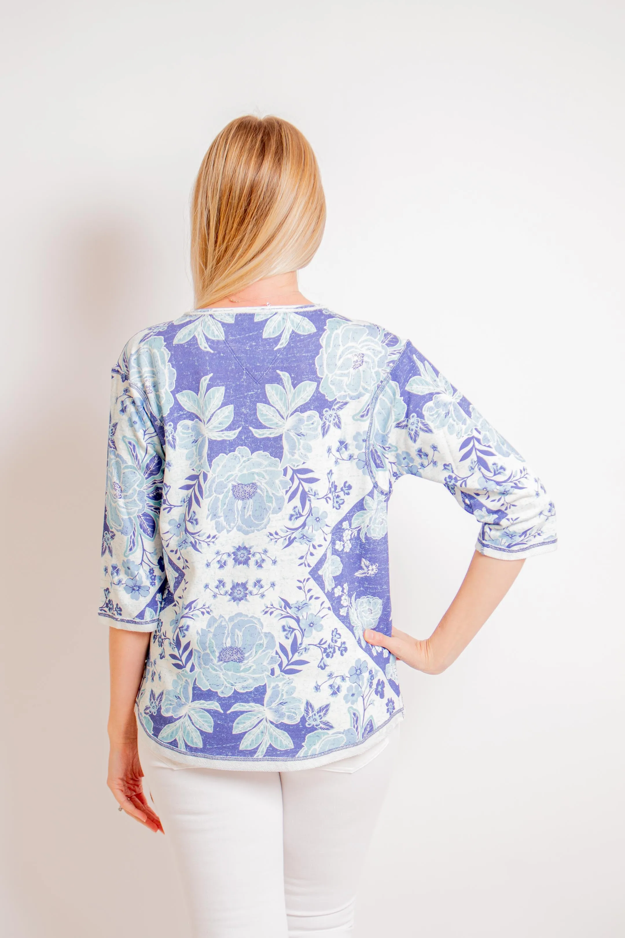 Blue Floral Print Notch Neck Top