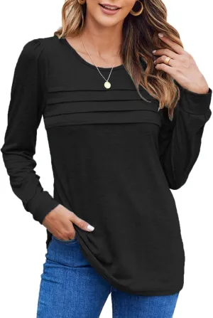 Bluetime Long Sleeve Shirts for Women 2024 Fall Fashion Tunic Tops for Leggings Pleated Front Dressy Casual Blouses