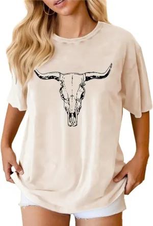 Boho Cow Skull Shirt Women Cowgirl t Shirt Vintage Western Rodeo Graphic Tee Short Sleeve Bull Skull Casual Top