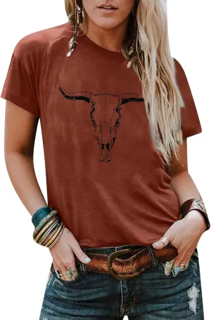 Boho Cow Skull Shirt Women Cowgirl t Shirt Vintage Western Rodeo Graphic Tee Short Sleeve Bull Skull Casual Top