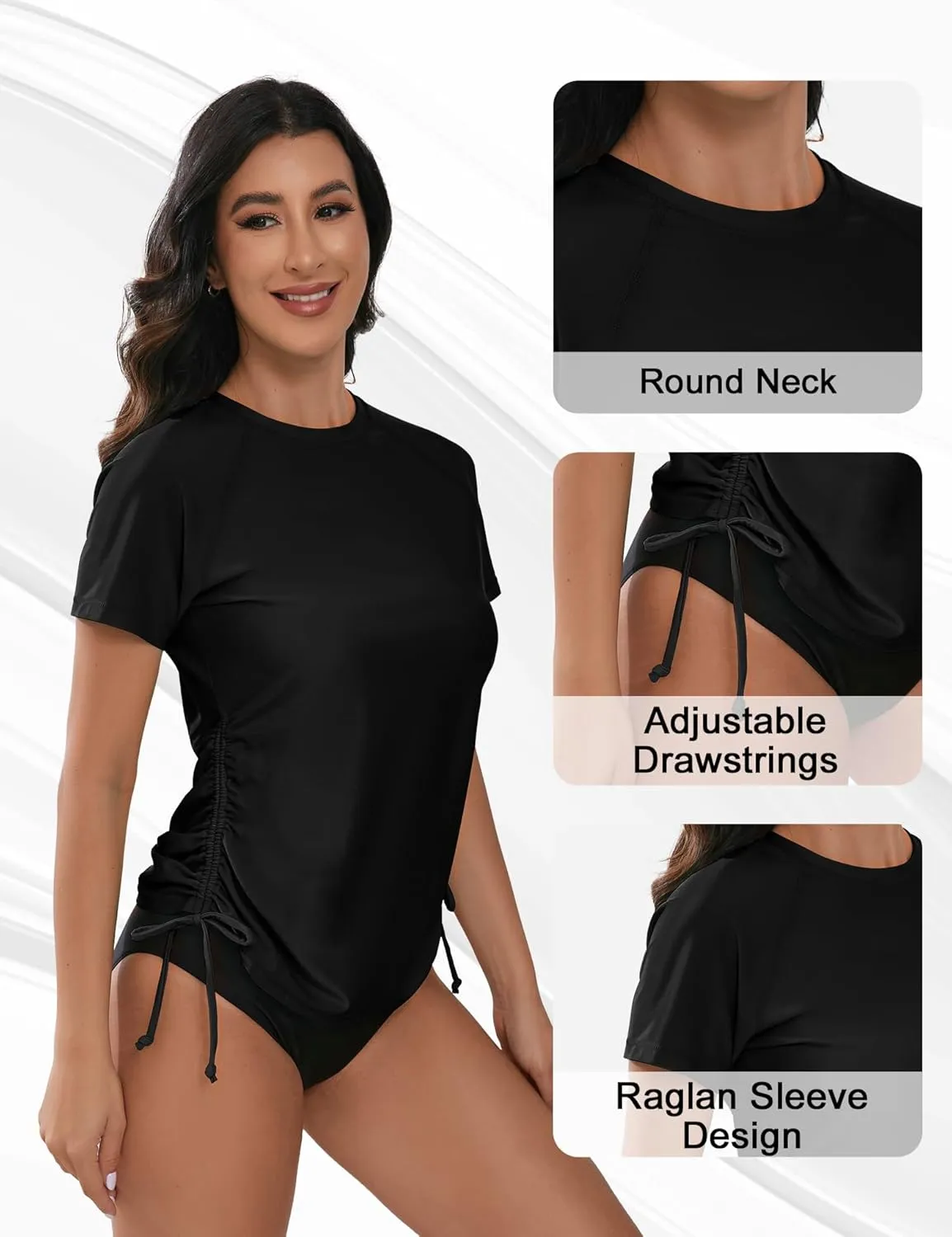 Bonneuitbebe Women's Short Sleeve Rash Guard Shirts UV Protection Swim Shirts UPF 50  Lightweight Adjustable Tie Swimwear