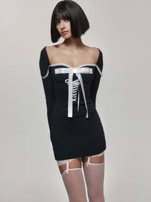 Bow Tie Knit Bodycon Square-Neck Dress