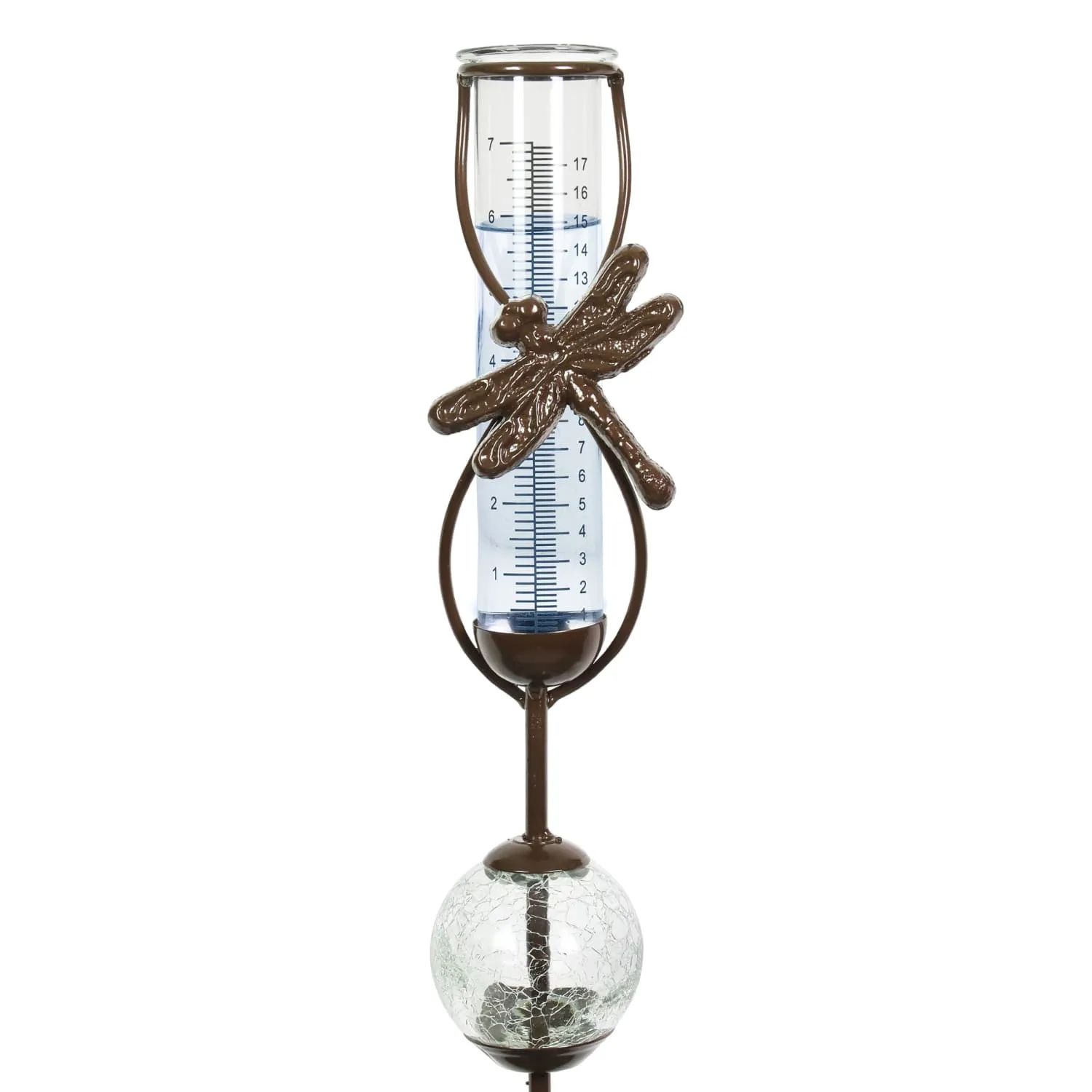 Bronze Dragonfly Rain Gauge Stake with Clear Glass Ball Detail, 32.5 Inches