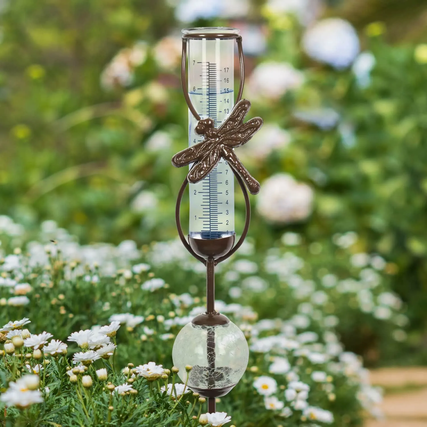 Bronze Dragonfly Rain Gauge Stake with Clear Glass Ball Detail, 32.5 Inches