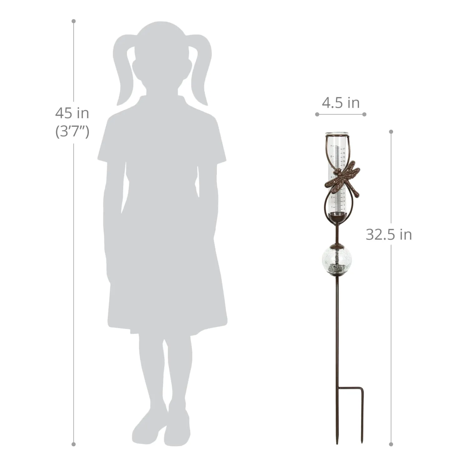 Bronze Dragonfly Rain Gauge Stake with Clear Glass Ball Detail, 32.5 Inches