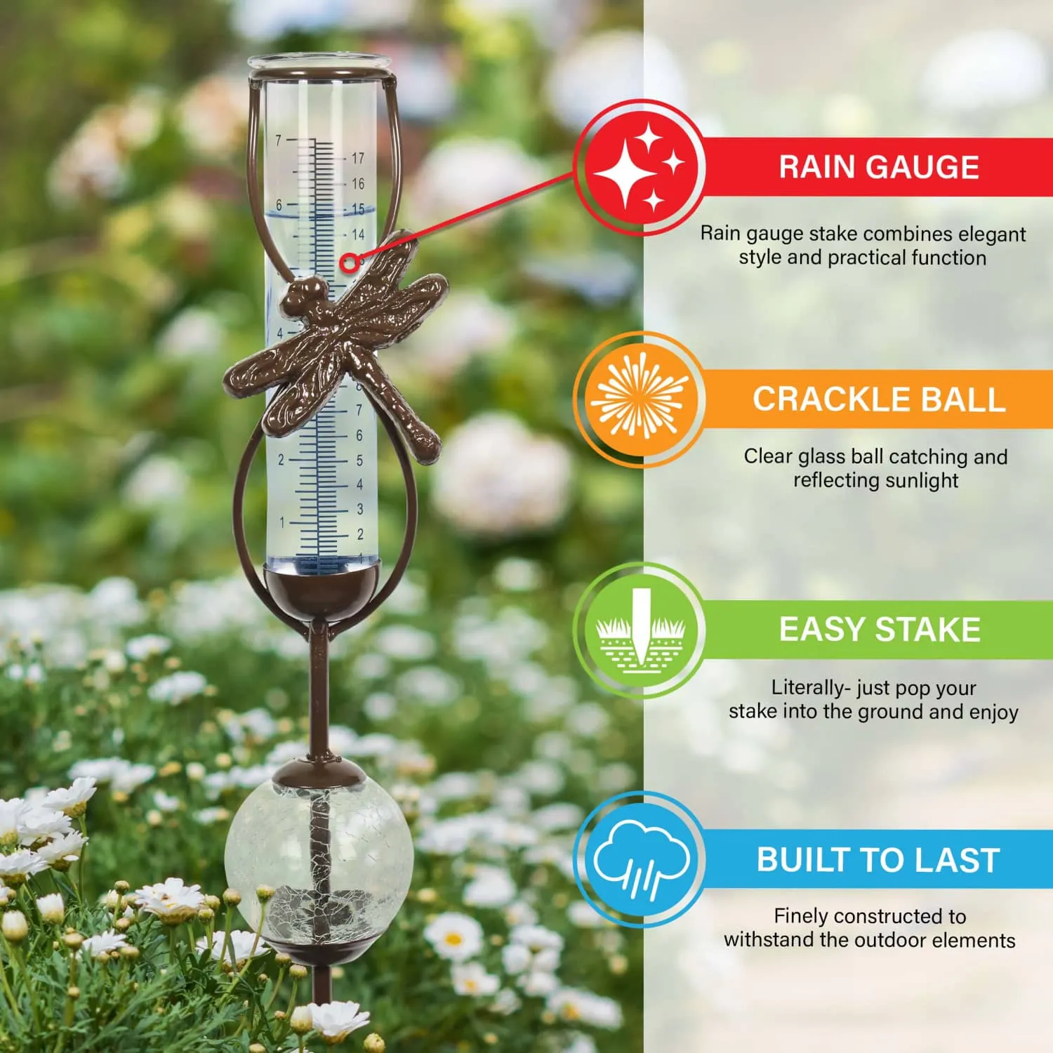 Bronze Dragonfly Rain Gauge Stake with Clear Glass Ball Detail, 32.5 Inches