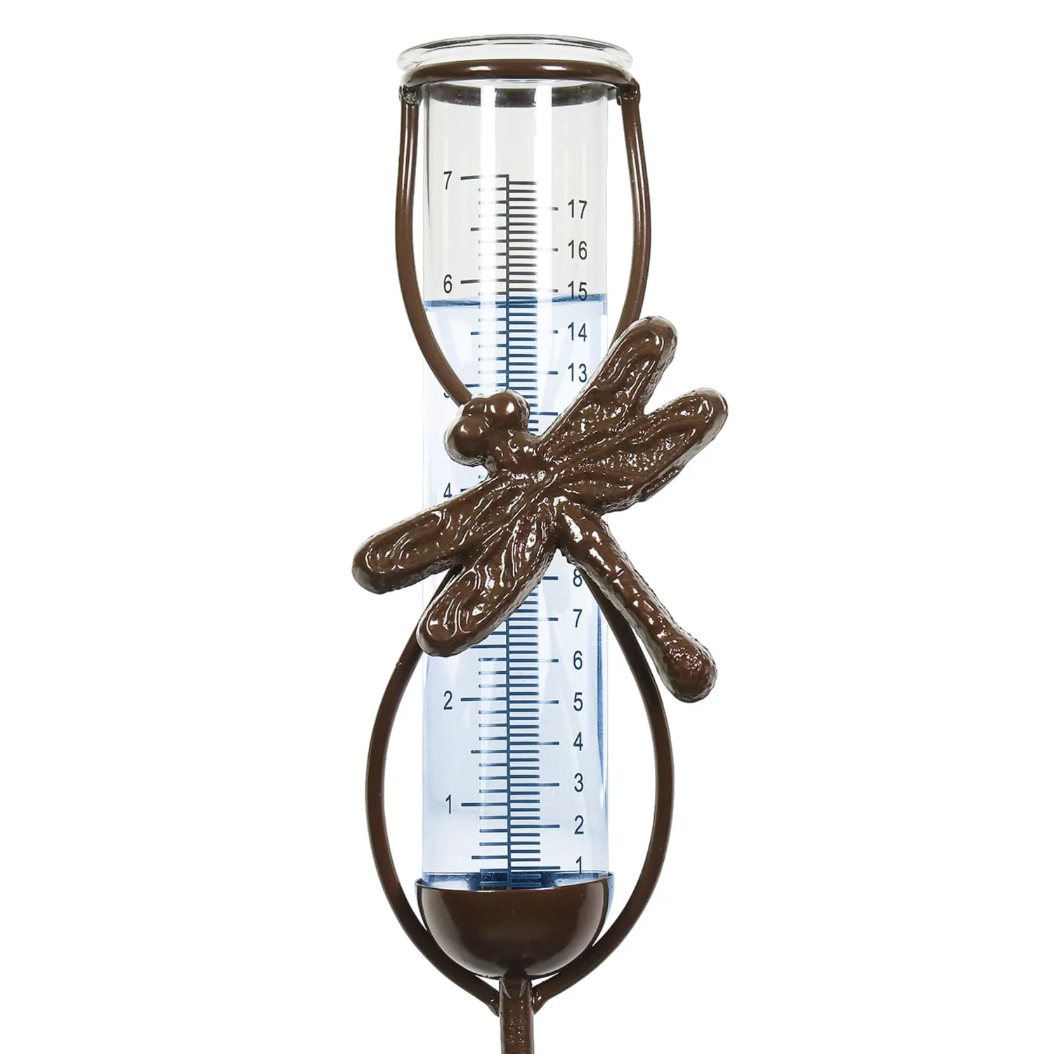 Bronze Dragonfly Rain Gauge Stake with Clear Glass Ball Detail, 32.5 Inches